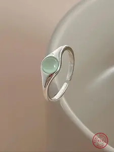 S925 Sterling Silver Green Cat Eye Stone Decor Ring, Adjustable Open Ring, Fashion Jewelry Accessories for Women & Girls, Vintage Rings