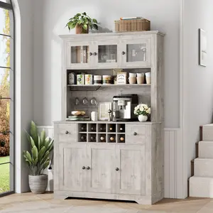 Garvee 68.7" Coffee Bar Cabinet with LED Light & Power Outlet, Farmhouse Kitchen Hutch with 2 Storage Drawers, Wine Glass Rack, Adjustable Shelves, Tall Pantry Cabinet for Dining Room, Living Room