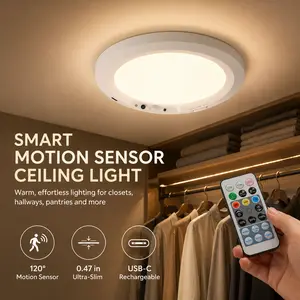 All-in-One Rechargeable LED Motion Sensor Ceiling Light | 12mm Ultra-Thin Motion Sensor Ceiling Light - 120° Wide Angle, Rechargeable Battery, Magnetic No-Drill Mount, 3CCT, 10-Level Dimmable for Closet, Hallway