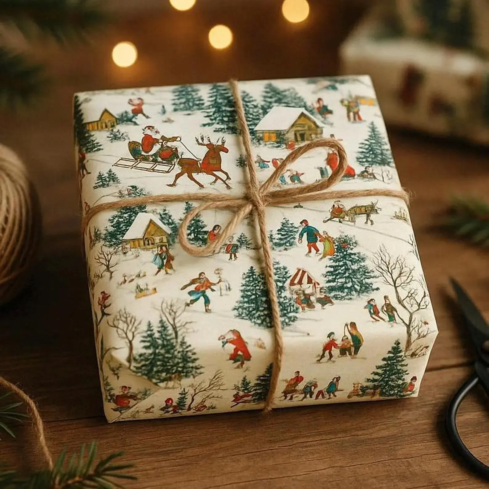 Vintage Forest Christmas Themed Wrapping Paper, Xmas Gift Wrap