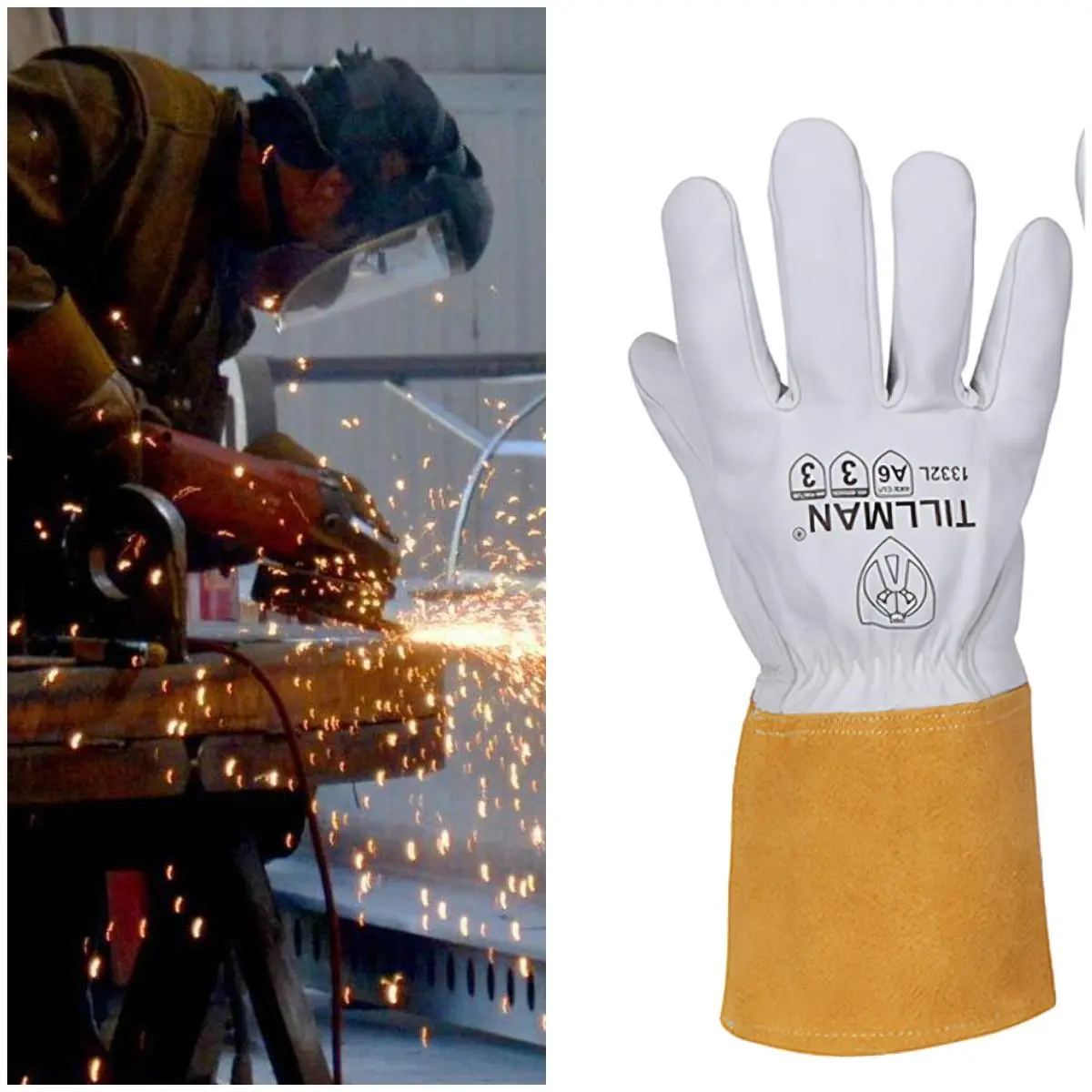 Tillman 1332 Cut Resistant Goatskin TIG Glove - Premium Top Grain Pearl Palm, Bourbon Split Leather Back, 4″ Split Cowhide Cuff, ANSI A6 Cut Guard, Heat Guard, Back of Hand Shield for MIG, Arc Welding, Heat Protection, Ansi A6 Cut Protection