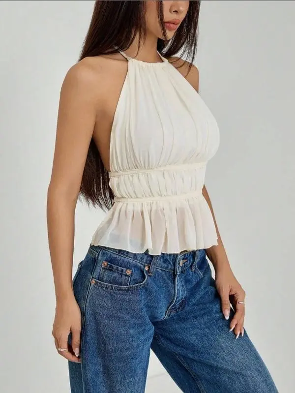 Women's Pleated Halter Neckline Waist-Tied Backless Tank Top,Petite Women Brunch Off-White Summer Romantic Elegant