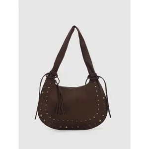URBAN REVIVO 2026 Spring Women's Crescent Crossbody/Shoulder Bag - Rivet Details, Fringe Details, Textile Shell, Straps, Convertible Design, UAWB60009