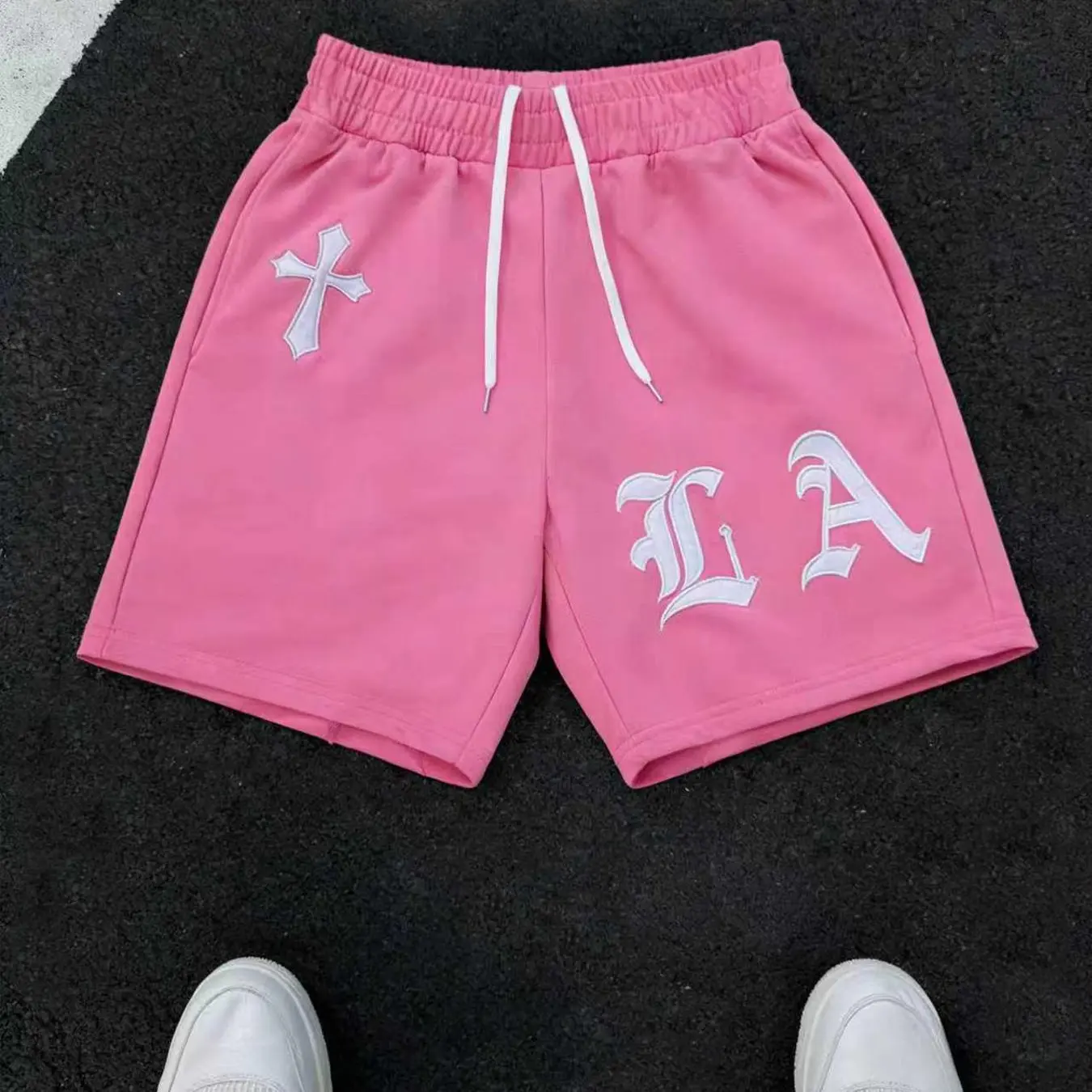 Men's LA Cross Embroidered Shorts, Y2K street style, smooth drape, wide-leg. Retro loose-fit casual athletic shorts for gym, training, hip-hop, club & festivals. Daily versatile, wrinkle-resistant, soft, breathable summer must-have.