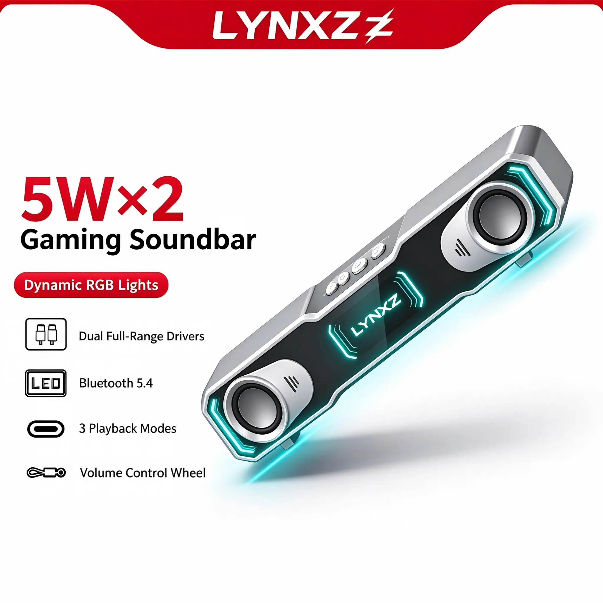 LYNXZ DS210 Gaming Soundbar - 10W Stereo Audio, Bluetooth 5.4 Wireless (10m Range), Dual Drivers, Dynamic RGB Lights, Volume Control Wheel, 3.5mm AUX/TF Card/USB Drive Inputs, Portable Speaker for PC & Laptop