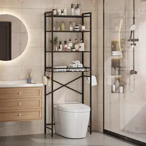 Gizoon Over-The-Toilet Storage Rack, 4-Tier Bathroom Organizer Shelf Over Toilet with Adjustable Shelf and Basket, Freestanding Space Saver Bathroom Shelves Above Toilet for Room (Black)
