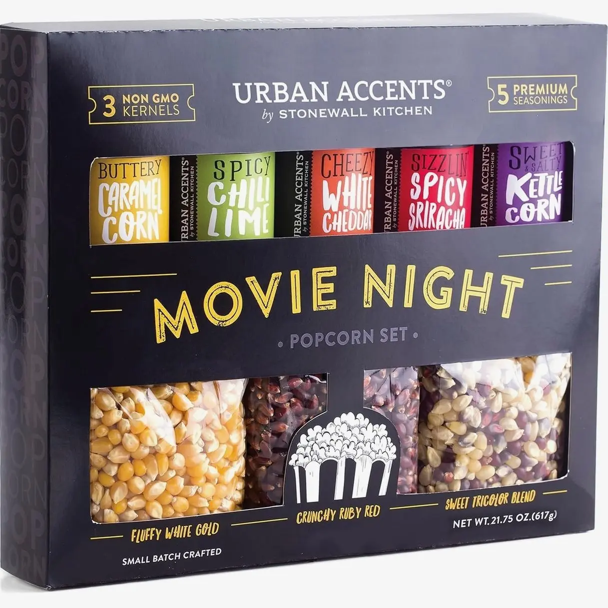Urban Accents Movie Night Popcorn Gift Set – Includes 3 Gourmet Popcorn Kernel Varieties & 5 Flavorful Seasonings – Perfect Snack Gift Box for Parties, Holidays, or Movie Lovers