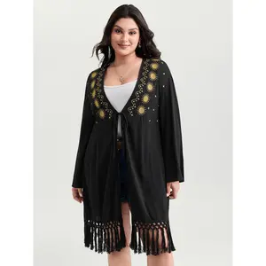BLOOMCHIC Plus Size Celestial Embroidery Tassel Hem Beach Swimsuit Cover-Up Rayon Shell Side Pockets M-6X 2026 Summer Pick Mothers Day Gift (Swimsuit Cover Up) 2026 Summer Vibes Swimweek
