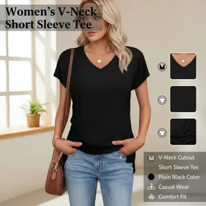 Women's V-Neck Short Sleeve Tee - Plain Black Color, Casual Wear, Comfort Fit, V-Neck Cutout, 34dsd