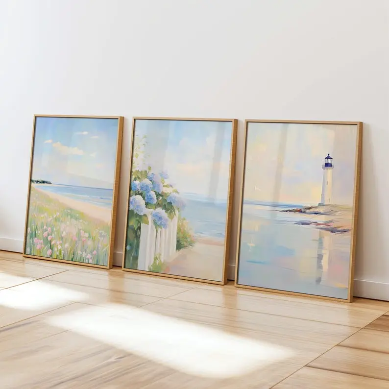 [Sale off up to 55%][Free Ship] Coastal Wall Art Set of 3 - Pastel Beach Prints - Ocean Wildflowers, Blue Hydrangeas & Light House - Preppy Dorm Room Decor