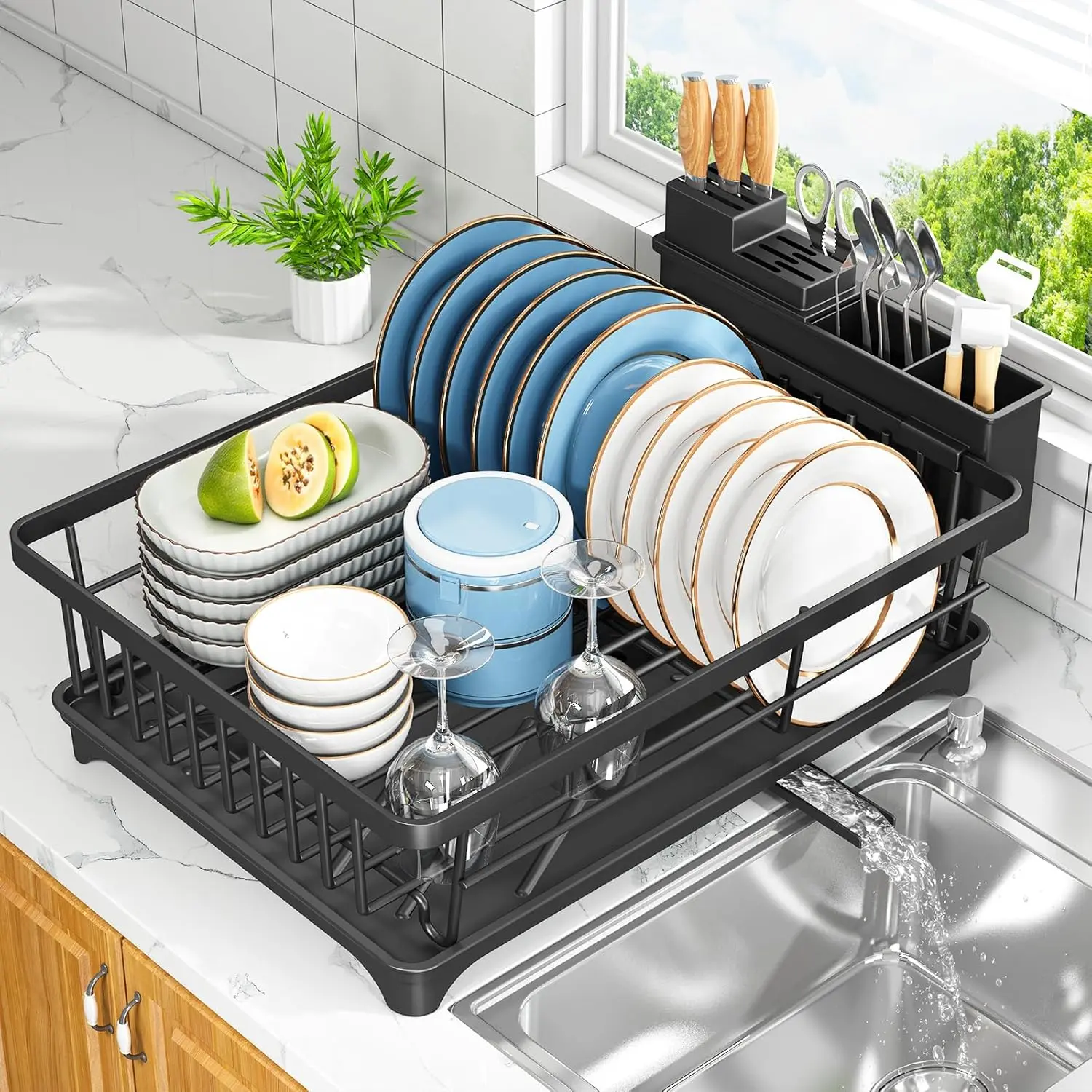 Dish Drying Rack - Space-Saving Small Dish Rack for Kitchen Counter, Rust-Resistant Kitchen Drying Rack, Compact Dish Drainer Organizer with Utensil Holder for Home Kitchen, Black
