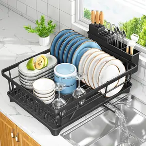 Dish Drying Rack - Space-Saving Small Dish Rack for Kitchen Counter, Rust-Resistant Kitchen Drying Rack, Compact Dish Drainer Organizer with Utensil Holder for Home Kitchen, Black