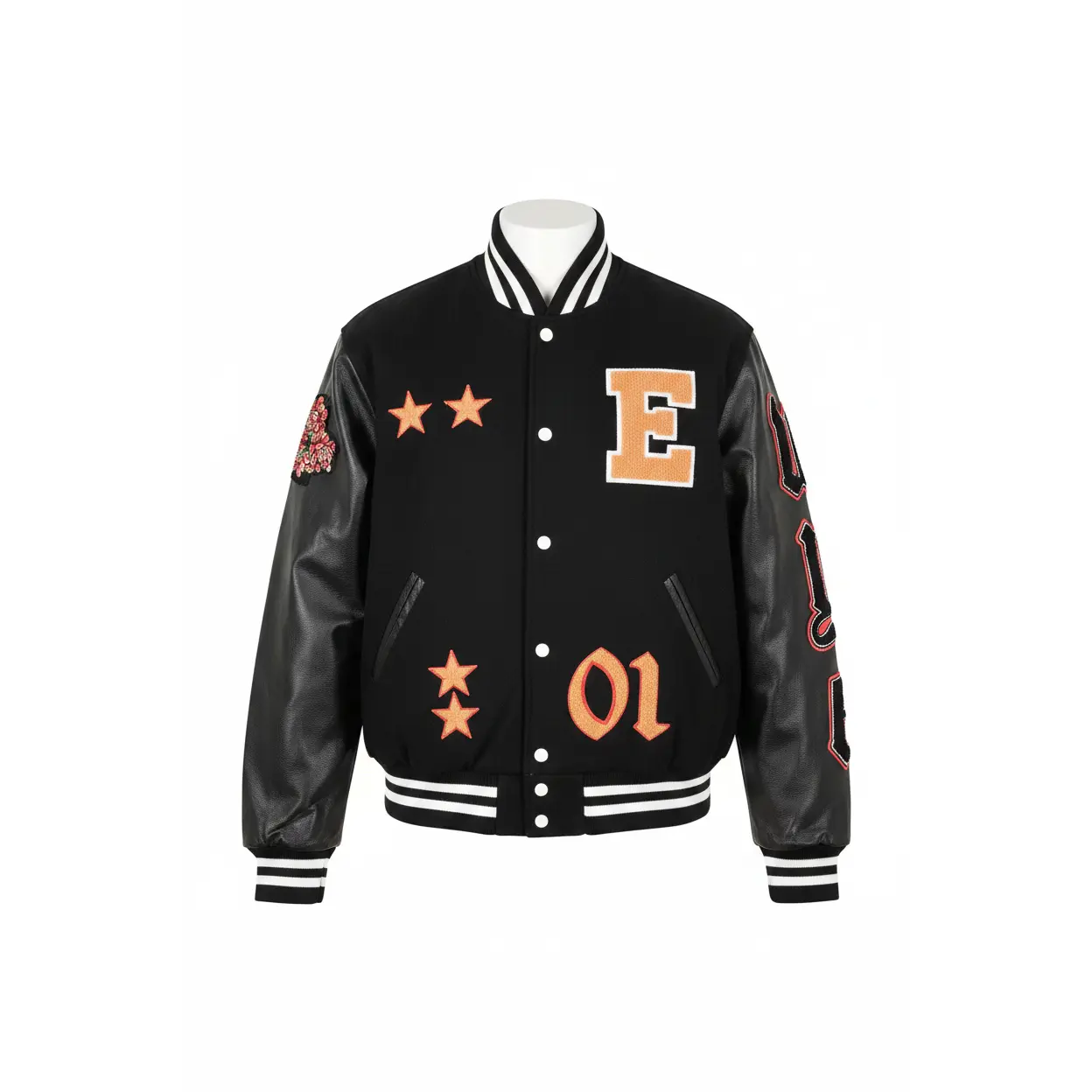 Men's Varsity Baseball Jacket Set - Black/Orange Polyester Soft Body Fabric, Wool Blend Ribbed Leather Sleeves, Stripe Floral Graphic, Embroidered Skull Print, Collared Neck, Chenille Patches, Snap Buttons, Relaxed Fit Streetwear Coat, Sporty Chic, Classi