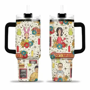 40oz Burger Family Tumbler With Handle, Funny Cartoon Inspired Stainless Steel Travel Mug, Custom Menu Cup Gift