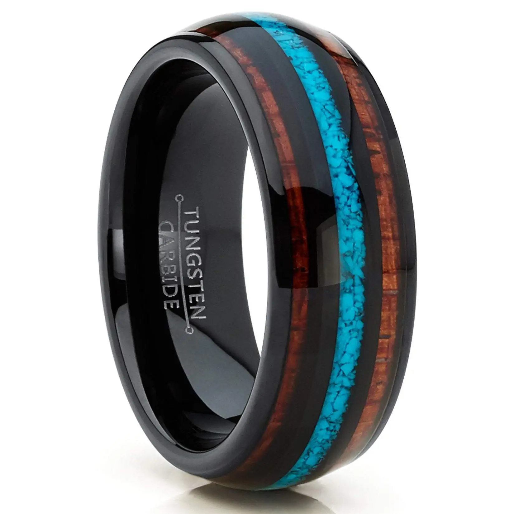 Men's Black Tungsten Wedding Band Engagement Ring Koa Wood Crushed Turquoise Inlay