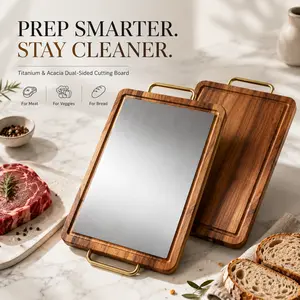 Titanium Cutting Boards for Kitchen, Reversible Acacia Wood Cutting Board, Metal Cutting Boards with Juice Groove and Handle, Versatile Board for Meat and Vegetables Chopping Knives Stainless Steel Wooden
