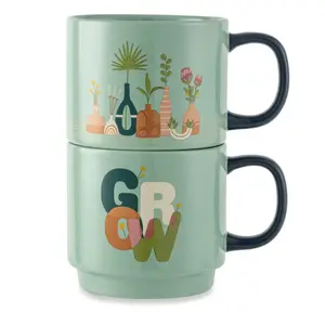 2 Pack Stacking Plant and Grow Gardens Green Mugs 14.2 fl oz, Stoneware
