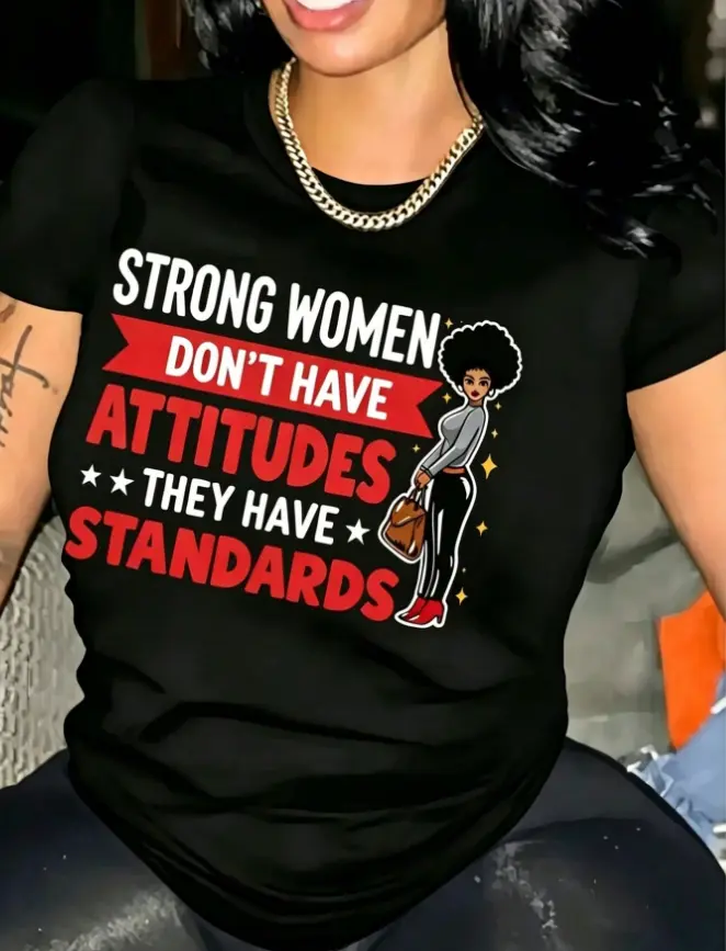 Unapologetic Women’s Summer Cotton Short Sleeve Tee | Strong Women Have Standards Afro Girl Graphic Print, For Office Errands Girls Trip Campus Outfits, Soft Heat Transfer Slim Fit