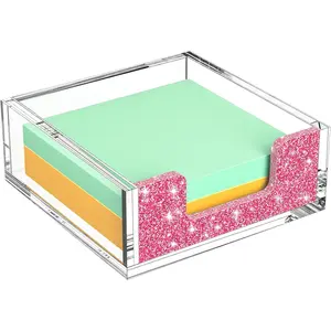 3 x 3 in Clear and Glitter Pink Sticky Note Holder W/O Pads Memo Holder Notepad Dispenser Organizer for Dorm Room School Classroom Office Desk Aesthetic Supplies