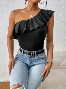 Women's One-Shoulder Chic Ruffle Top Blouse, Slim Fit Stretchy Transparent Shirt, Elegant Ruffle Details, Perfect for Dates and Parties