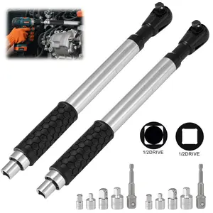 2 Pcs 1/2" Drive Offset Extension Wrench, Chrome-Vanadium Steel 2025 Upgraded Drill Integration Accessory for Electric Drill, Automotive Repair
