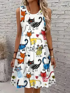 Women's Sleeveless A-line Skirt - Round Neck Short Summer Casual Fashionable Dress, Colorful Cat and Claw Print Pattern Design, Lightweight and Breathable Fabric Suitable for Spring and Summer Wear, Machine Washable for Casual Dressing