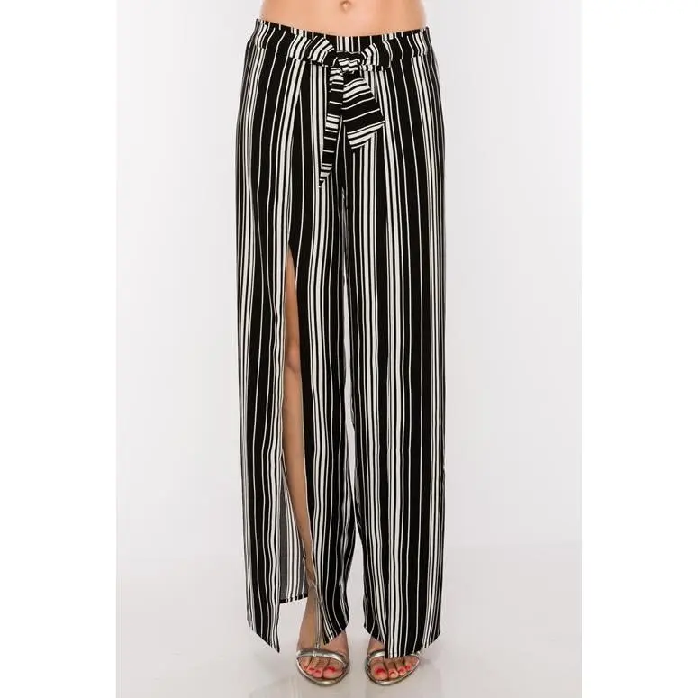 Split Front Chic Striped Pants - Black
