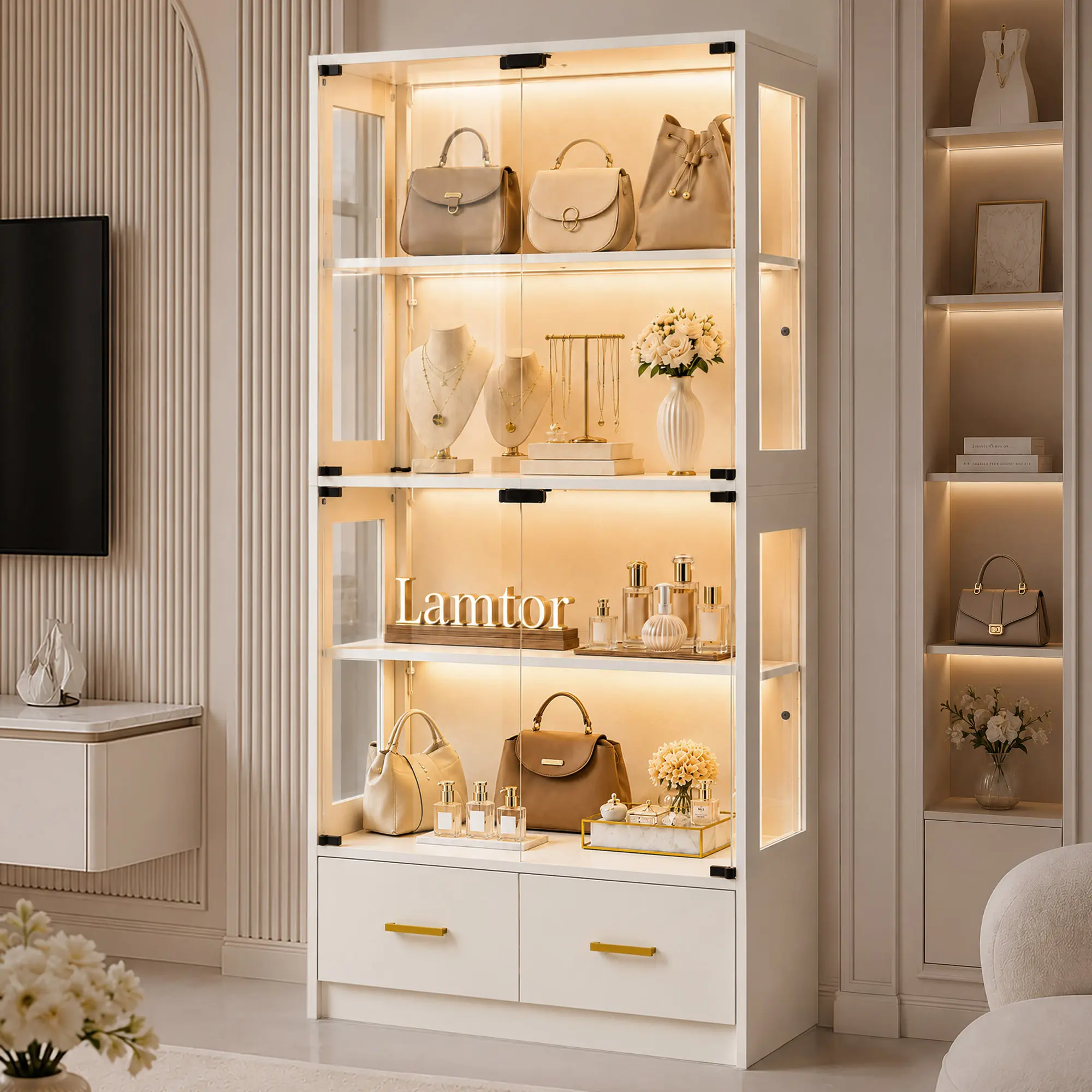 67” White Glass Display Cabinet | RGB LED Curio Cabinet w/ Drawers Anti-Tip For Figures Collectibles Living Room