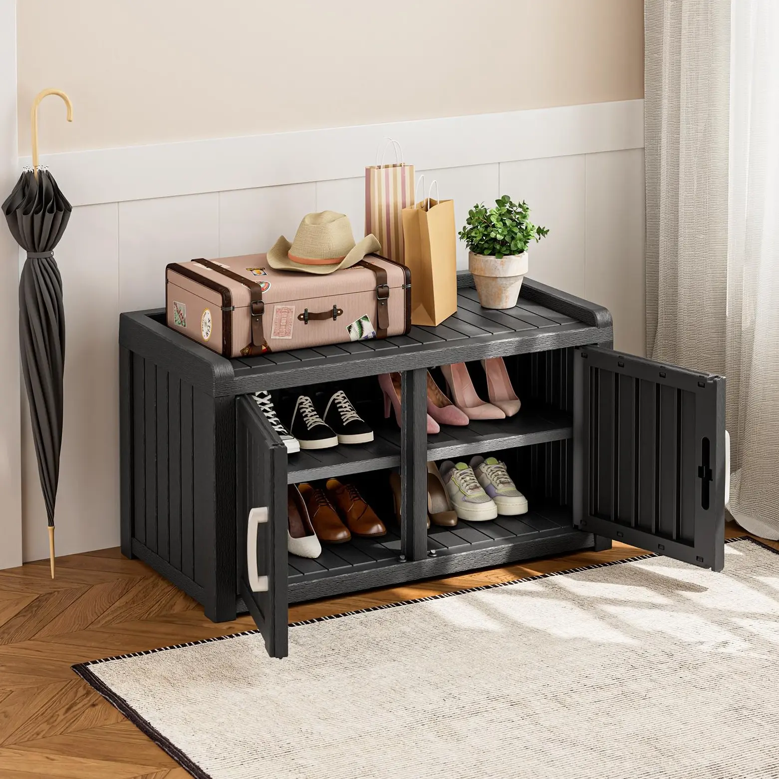 BIFANUO 2-Tier Storage Bench for Families - Water Resistant, UV-Resistant, Weathertight Outdoor Multi-Function Cabinet with 2 Doors, Adjustable Shelves, Ample Shoe Storage for Patio, Entryway Use