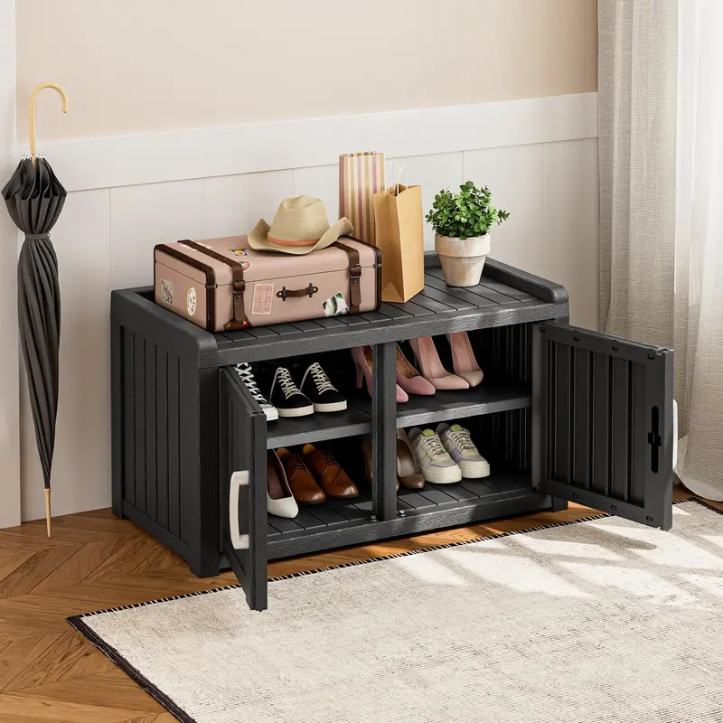 BIFANUO 2-Tier Shoe Bench - Water Resistant, UV-Resistant, Weathertight Outdoor Multi-Function Cabinet with 2 Doors, Entryway Bench, Adjustable Shelf, Ample Shoe Storage for Patio, Entryway Use