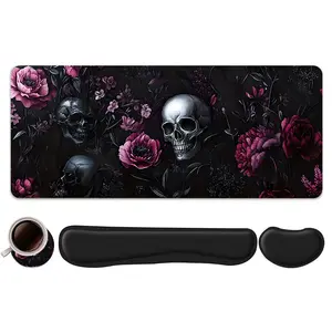 4pcs Gothic Skull and Pink Floral Design Decorative Mouse Pad + Keyboard Wrist Rest + Ergonomic Mouse Pad + Coaster Set For Desktop Decoration, Office Accessories Set Ergonomic Wrist Support, Computer Mat Mouse Pad Coaster Suitable For Home Office Gaming