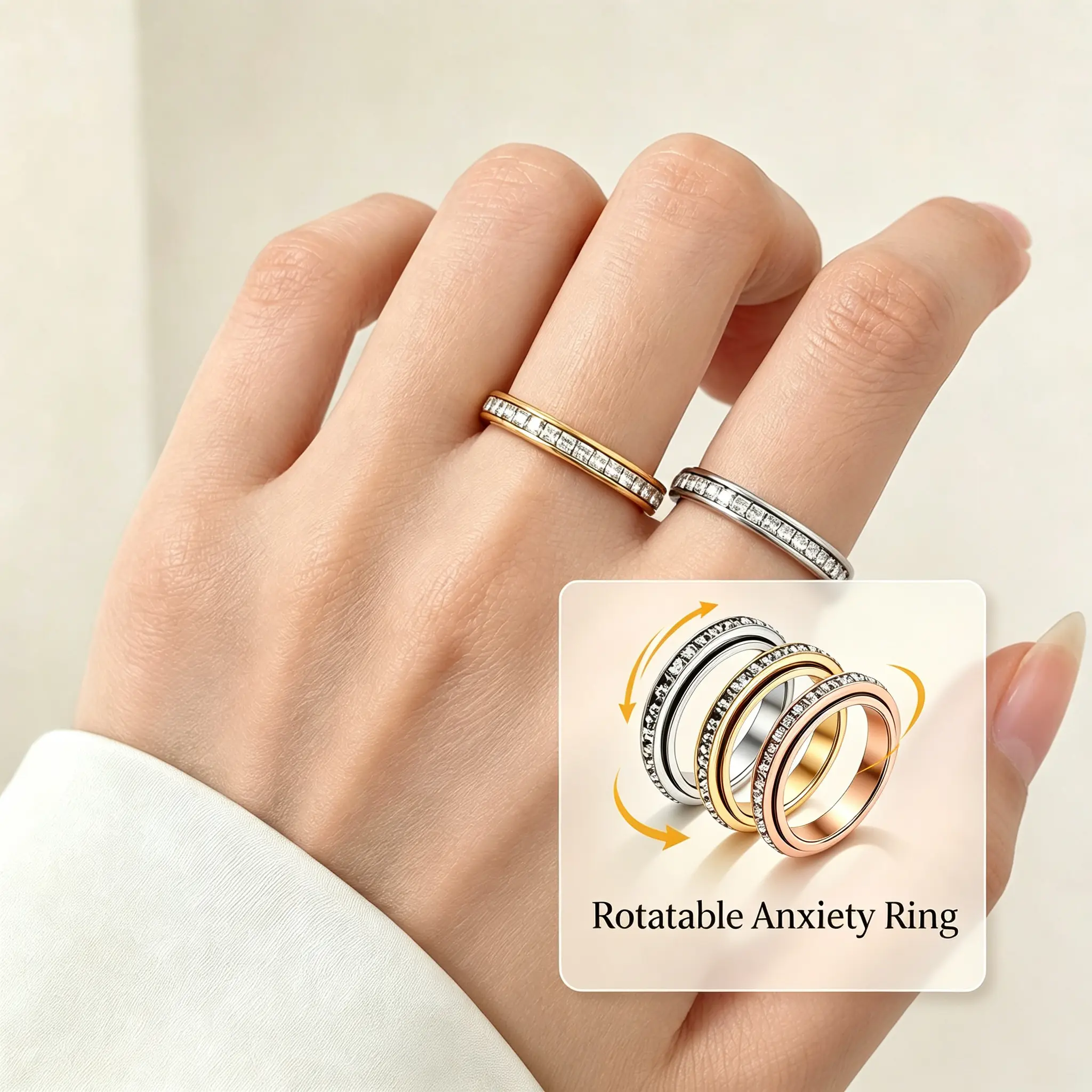 Rotatable Titanium Steel Spinner Ring - Stainless Stress Relief Finger Ring with Cubic Zirconia, Comfort Fit, Unisex Valentine Gift, Fits Sizes 6-9, Wedding Promise Band, Stress Relief Rings, Finger Rings
