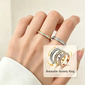 Rotatable Titanium Steel Anxiety Spinner Ring Cubic Zirconia Fidget Band Stress Relief Unisex Wedding Promise Comfort Fit Size 6-9 Valentine Gift For Women Men Couples