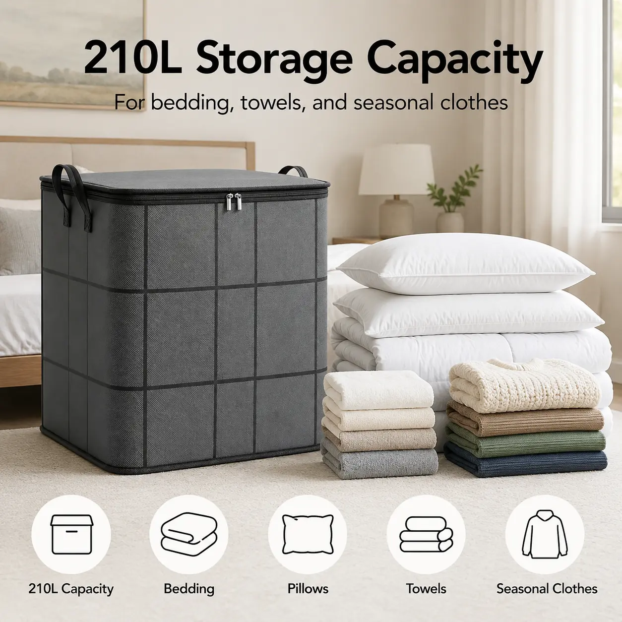 210L Structured Fabric Storage Bin with Zipper Lid & Side Carry Handles, 60×50×70cm Clothes Organizer for Bedroom Closet