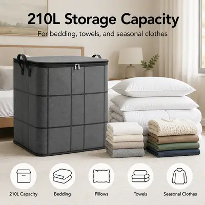 210L Structured Fabric Storage Bin with Zipper Lid, Side Carry Handles, 60×50×70cm Household Clothes Organizer Boxes for Bedroom Closet, Laundry, Metal