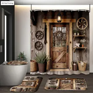 1/3/4PCS Rustic style Wooden Door with Wreath and Shower Curtain Set with Rugs, Non Slip Bath Mat, U-Shape Carpet, Toilet Lid Cover, Bathtub Curtain Accessories, 12 Hooks, Shower Rods, Home Bathroom Festival Decor