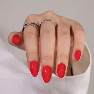 32 Pcs Short Press on Nails Almond Fake Nails Glossy Solid Color Nails Reusable Full Cover Thick Natural Almond Nails Press Ons Soft Gel Press On Nails Artificial Red Short with Nail Glue, Nail Adhesive | 16 Sizes - 32 Pcs Nail Kit