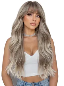 24 Inch Long Curly Wave Wig with Bangs, Deep Root Synthetic Hair, Natural Look, Easy Care, Suitable for All Ages