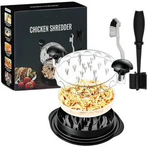 Upgraded Chicken Shredder Tool Twist with Removable Middle Plate, Clear Lid Meat Shredder with Meat &Brush, Non-Slip Base &  Handles,  Dishwasher Safe for Pork Beef Chicken