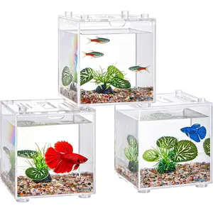 0.2 Gallon Isolated Fish Tank for Sick Breeding Fish Small Betta Hospital Tank with Artificial Plants Gravels and Cleaning Tools Stackable