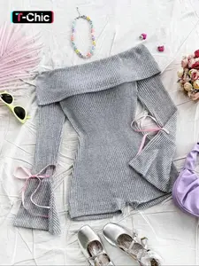 Women's Solid Ribbed Off Shoulder Flounce Sleeve Romper, Casual Fashion Cozy Romper for Daily Outdoor Wear, Women's Clothes for Spring & Fall, Casual Comfy Jumpsuit