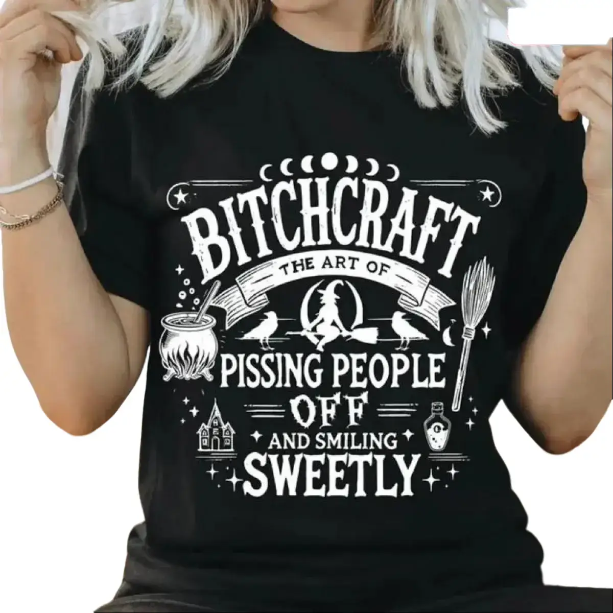 Bitchcraft Adult Humor Halloween Shirt Casual Everyday Softstyle Tropical Streetwear Fitted Polyester Direct To Garment Printed Made in USA Top Womenswear Dress Flat Oversized Tshirt Crewneck BLACK