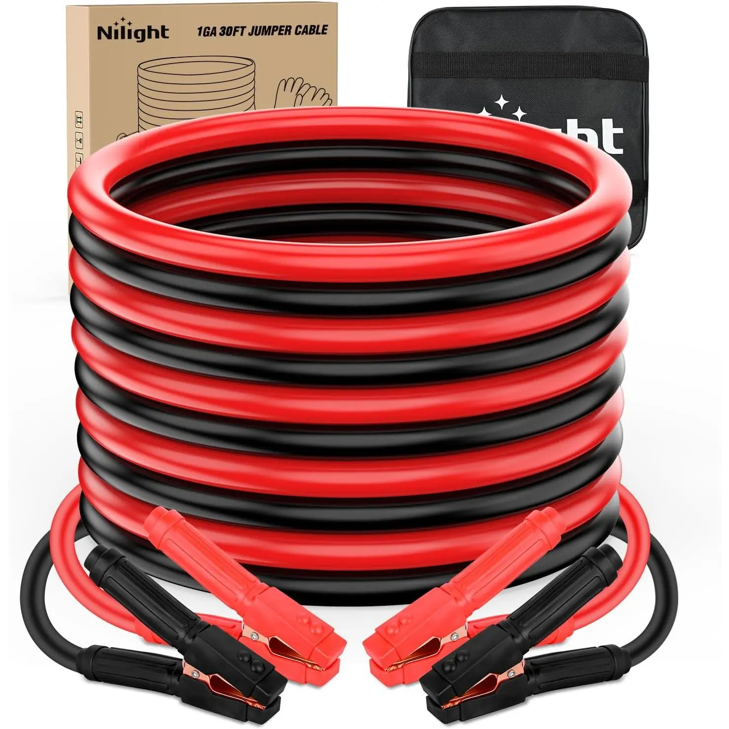Nilight Heavy-Duty Jumper Cables - 1 Gauge, 30 ft, 900 A Copper Clad Aluminum, Cracking Resistant, Tangled-Free Booster Cables with PVC Clamps, Storage Bag, Gloves for Cars, Pickup Trucks (Fixes Dead or Weak Batteries), Heavy Duty Jumper Cable