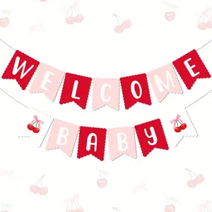 1Set Cherry Pregnancy Celebration Banner Cherry Bow Party Decorations Coquette Cherry Welcome Banner Sweet Cherry Garland Red and Pink Fruit Theme Decorations for Pregnancy Celebration Supplies room decor