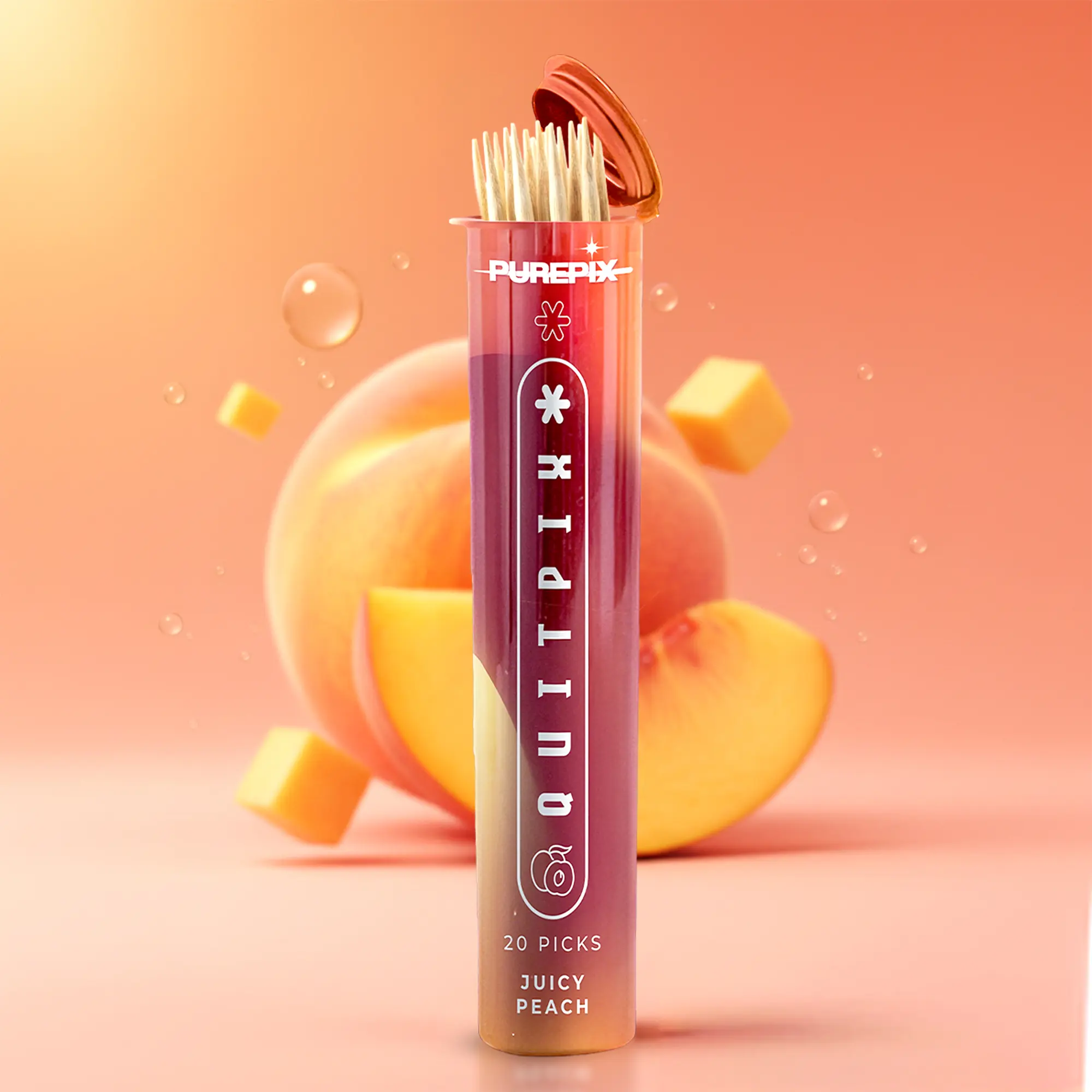 QuitPix Extra Thick Premium Flavored Toothpicks with N-A-C & L-Theanine, Kosher, Vegan MADE IN THE USA (Juicy Peach 20count pack of 1)