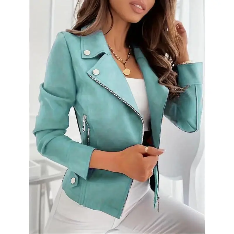 Women's Solid Color Button Zipper Lapel Neckline Suede Jacket, Casual Long Sleeve Outerwear for Fall & Winter, Ladies Clothes for Daily Wear