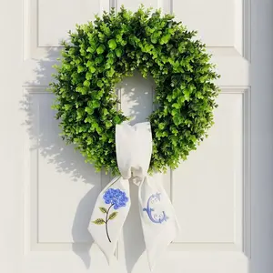 20 Inch Green Boxwood Wreath for Front Door Spring Summer Year Round Porch Farmhouse Decor with Personalized Monogram Embroidered Hydrangea Letter (C)