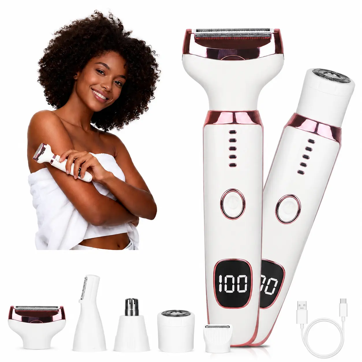 5-in-1 Waterproof Heads Compact Multi-Use Electric Grooming Kit for Dogs & Cats - Rechargeable Wet & Dry Shaver with LED Display, Sensitive Skin Safe, Pink
