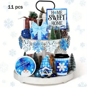 Christmas Themed Tiered Tray Decor Set, 11pcs/set Wooden Signs & Twine, Table Centerpieces, Festive Decorations for Home & Party, Ornaments