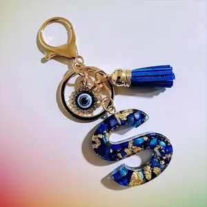 Fashion Blue Resin Evil Eye Letter Keychain with Tassel, Cute Bag Pendant & Wallet Charm for Women, Stylish Daily Accessory Perfect for Friends & Holiday Gift Giving friendship day hypoallergenic jewelry gift